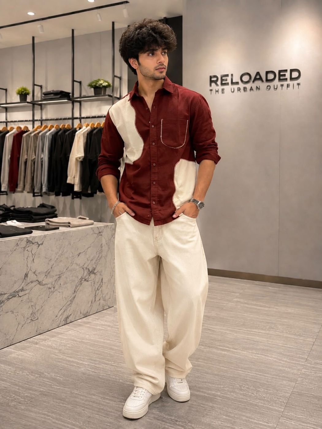 Men’s Contrast Panel Relaxed-Fit Shirt